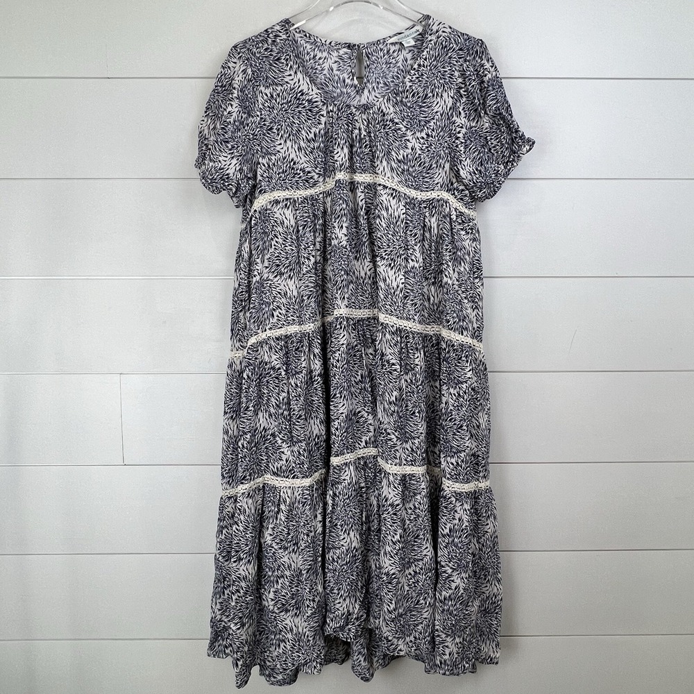 Sundance My Matilda Tiered Midi Dress Women L Navy Floral Crochet High Low Hem - Picture 2 of 11